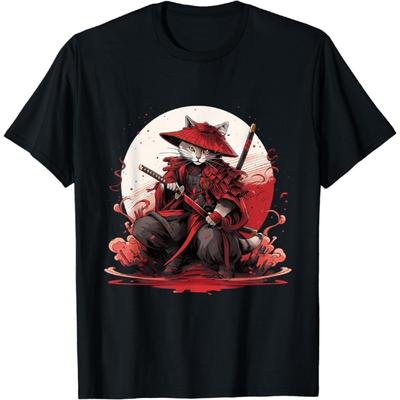 ALzvuLg Art Japonais Chat Ninja Style Ukiyo-e Anime Chat Samouraï T-Shirt