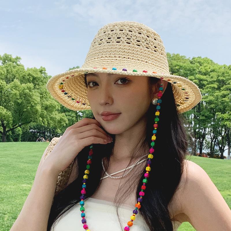 Women's Straw Hat Summer Seaside Vacation Sun Protection Hat Large Brim and Hollowed Out Sun Protection Fisherman Hat