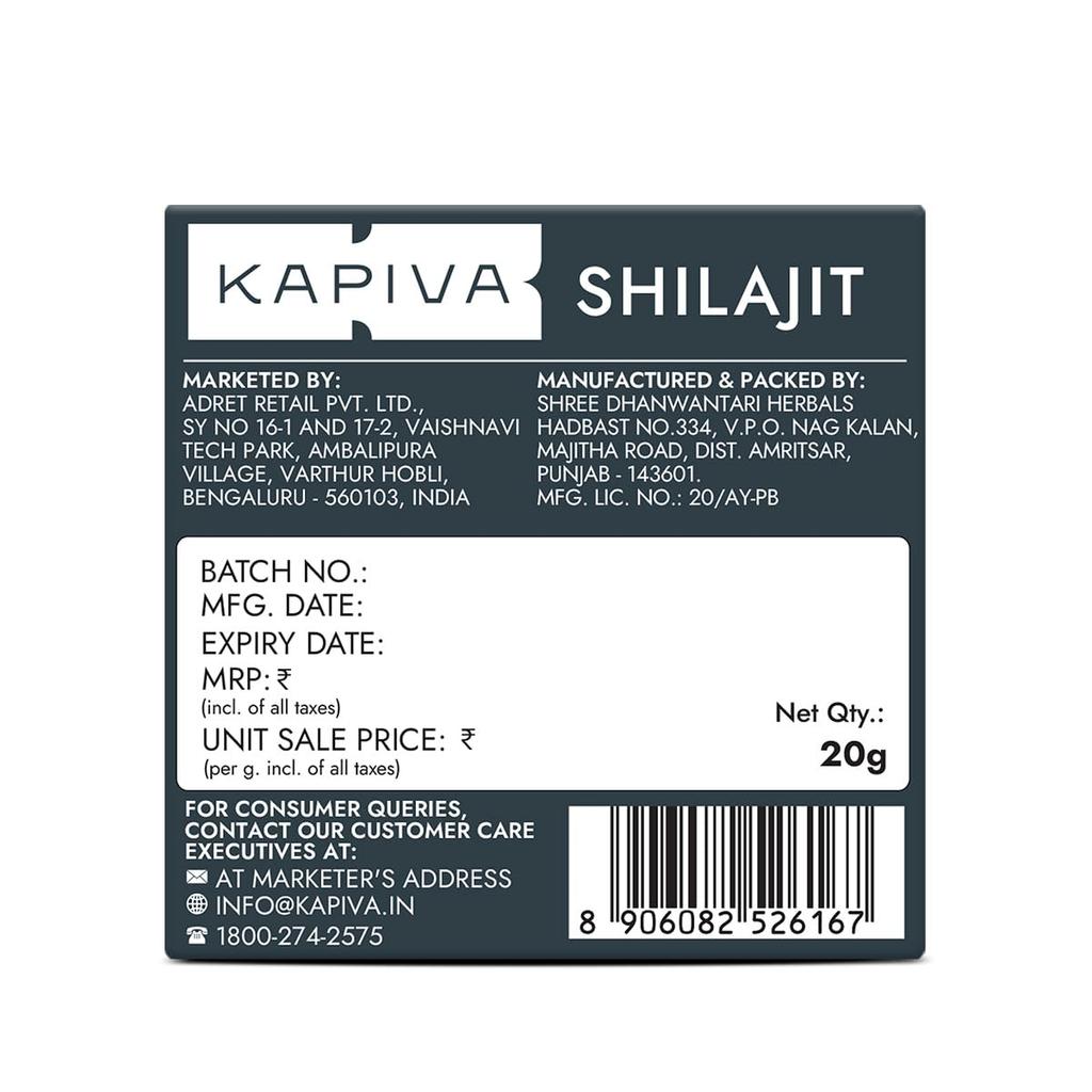 Kapiva Resina Originale Shilajit/Shilajeet Himalayano 20g | 250mg/Porzione | Per Energia, Resistenza & Vitalità | 80 Porzioni | 100% Ayurvedico