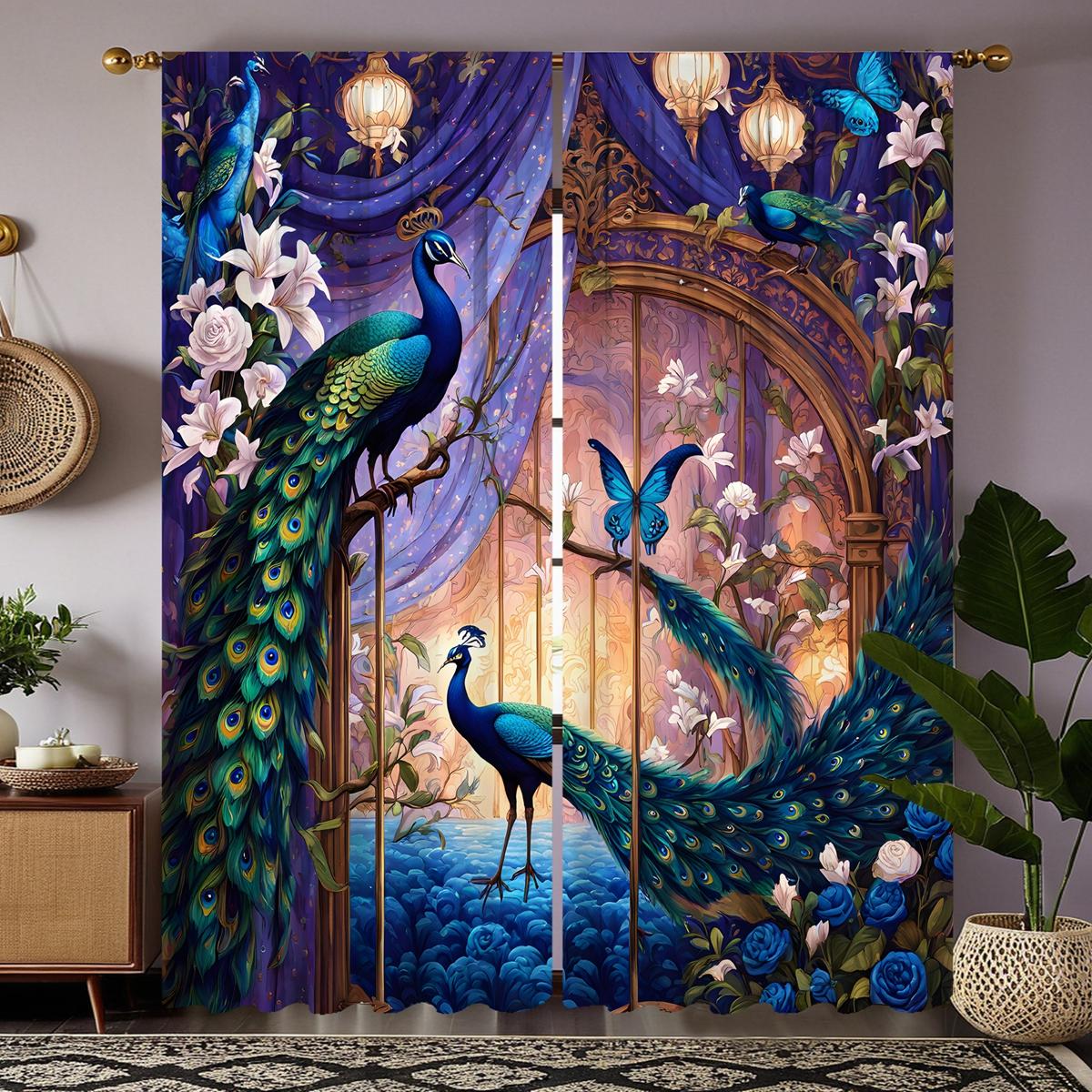 

2 шт. HD цветок павлин фиолетовый газ восток для украшения штор фиолетовый галстук цифровая печать шторы украшение дома стиль Декабрь W52H63inchW132H160cm
