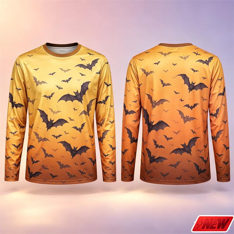 Gothic Bat Pattern Long Sleeve T Shirt Men Halloween 3D Print Gradient Horror Sky Flying Bat Tee Casual Quick Dry New Top Unisex
