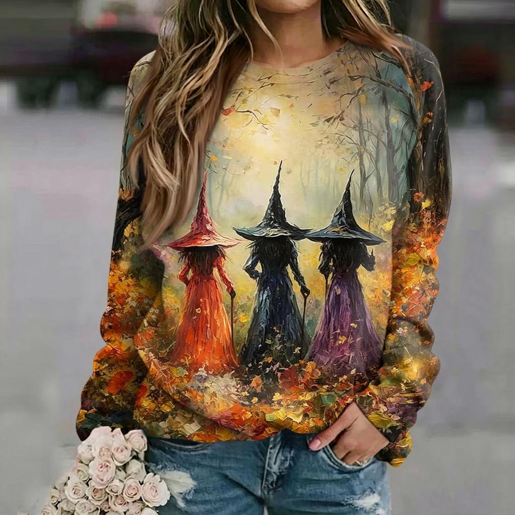 Women's Casual Halloween Print Raglan Long Sleeve Neck Sweatshirt Top
