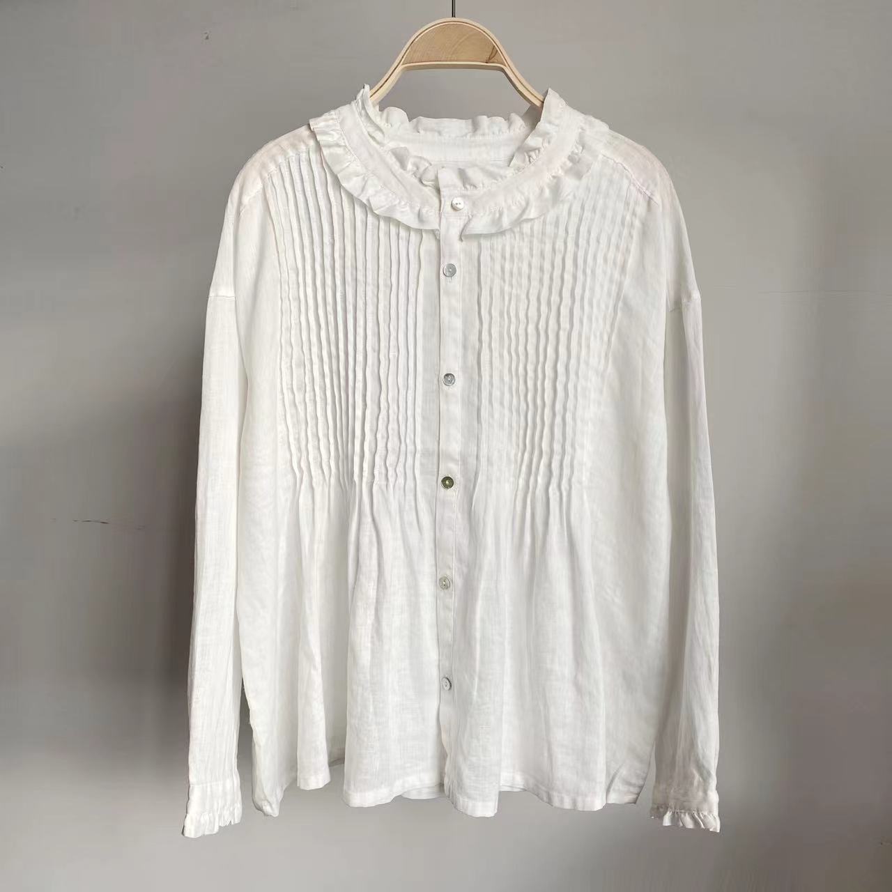 

Летние рубашки Johnature с оборками и воротником, свободные, однотонные, плиссированные, повседневные, винтажные, свободные, женские блузки One Size белый