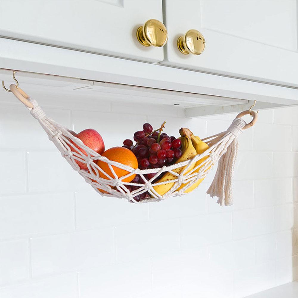 Under Cabinet Fruit Hammock Boho Woven Hanging Vegetable Hammock Household Hanging Kitchen Storage Basket Organizer