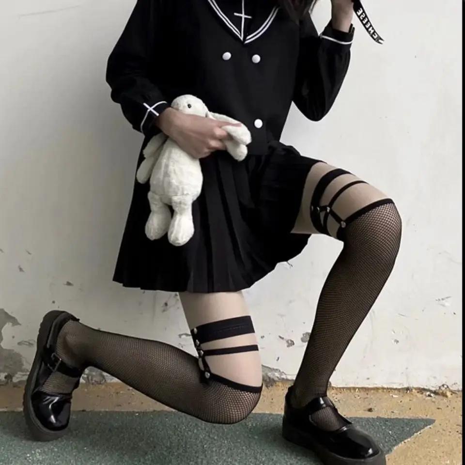 Gothic Dark Long Sexy Fishnet Stockings Women Kawaii Harajuku Emo Alt Mesh Tights Lingerie Skin Thigh Knee High Garters Hosiery