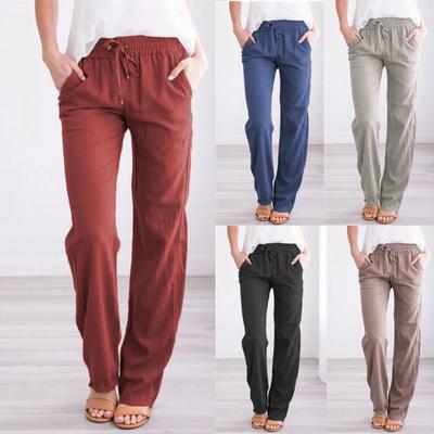Spring and Summer Women's Cotton Linen Drawstring Loose Wide-Leg Pants Long Trousers with Pocket