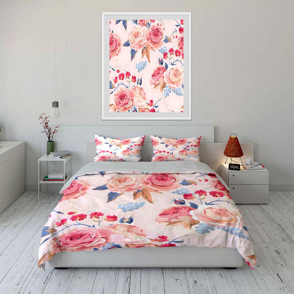 Pink Rose Floral Pattern Bedding Set For Kids Luxury Gift 3Pcs Digital Print Comforter Set Soft Comfortable Breathable