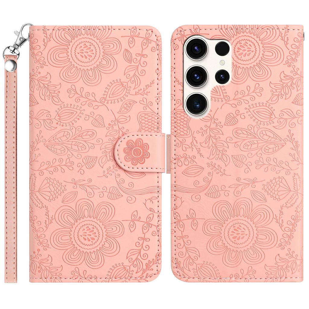 For Samsung Galaxy S25 Ultra Case Flower Imprint Leather Flip Wallet Phone Cover with Wrist Strap