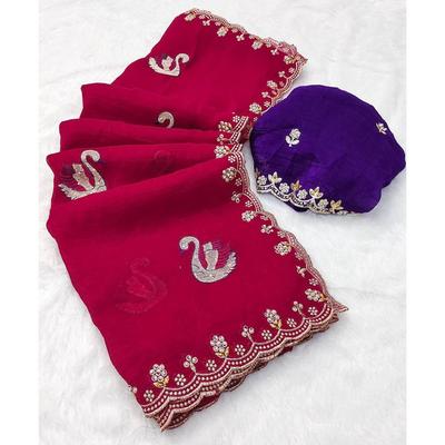 Crunchy Ciffon  Saree Flower Embroidered and Both Hand Moti Work & Diamond Work with Contrast Embroidery Blouse Piece.