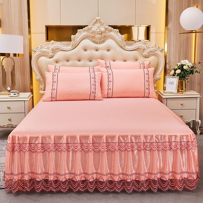 3pcs Set Soft Lace Bed Skirt King Queen Size Bedspread Solid Color Luxury Princess Romantic Bed Spread with Pillowcase
