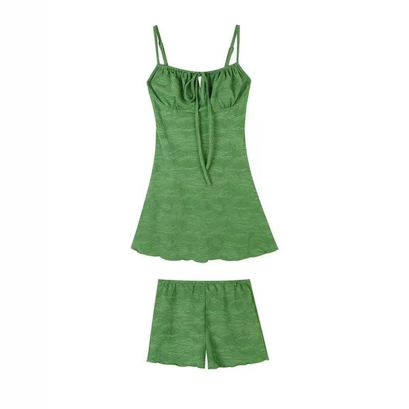French Retro Vacation Texture Green Suspender Dress Set Women's Waist and Thin Small Seaside Short Skirt