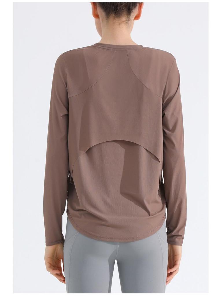 Women's Long-Sleeve Quick-Dry Yoga Top: Nude Open Back, Breathable, Loose Fit, Sun Protection for Running and Fitness.