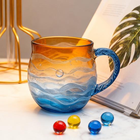 Sunset Ocean Cup Wave Pattern Water Glass 350ml Oceanic Theme Drinking Cup Artistic Drink Container for Beach Lovers