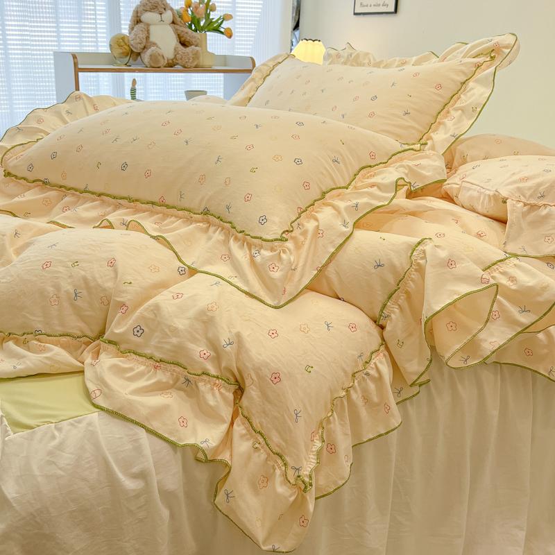3/4Pc Korean Princess Style Floral Ruffles Bedding Set Single Queen Size Soft Skin-friendly Washed Cotton Duvet Cover Pillowcase