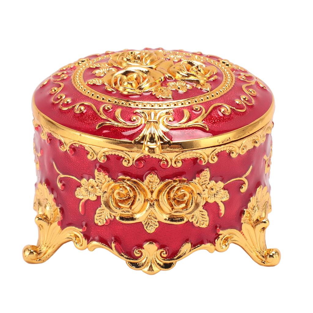 Vintage Metal Jewelry Box Round Exquisite Hand Carved Gold Flower Pattern Trinket Organizer for