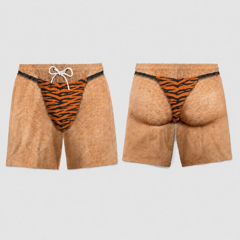 Funny Men's Swimsuit Leopard Thong Illusion Swim Trunks Hairy Body Novelty Board Shorts Quick Dry Beach Shorts Funny Summer