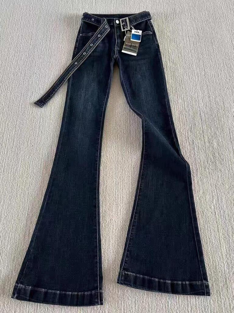 Women's Dark Blue High-Waisted Micro-Flared Jeans, Slim and Elastic, Autumn 2024 Trendy Wide-Leg Pants