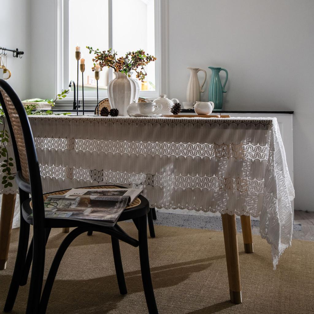 French Retro Jacquard Lace White Tablecloth Household Rectangular Coffee Table Dining Table Fabric Hollow