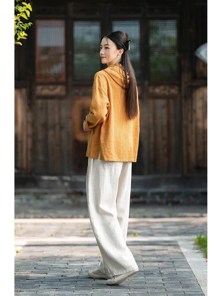 Artistic Retro Women's Long-Sleeved Hooded Linen Pullover Sweatshirt - Loose Casual Washed Cotton Top