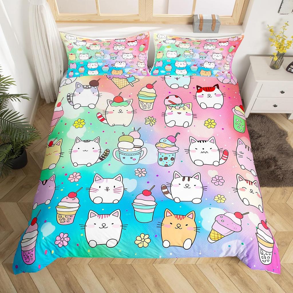 Rainbow Cat Duvet Covers For Kids Teens Girls Queen Lightweight Bedspread Cover Room Decor Kawaii Rainbow Ombre Cats Bedding Set