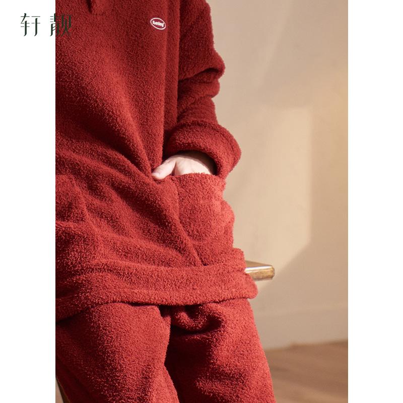 Xuan Liang Half Fleece Pajamas for Men In Winter with Thickened Coral Fleece Red Premium Feel, Suitable for Outerwear Home Clothing Set