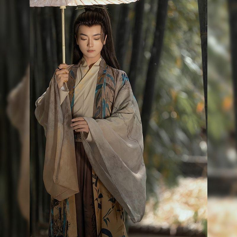 Hanfu Stile Dinastia Wei e Jin Cinese Top a Maniche Larghe con Colletto Stampato Set Gonna Lunghezza Vita