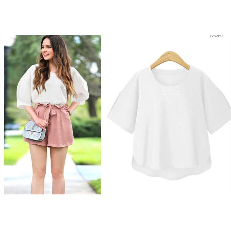 

Fashion Heavy Weight T-shirt Shirt Women s Short Summer New Arrival Large round Neck Loose Half Length Lantern Sleeve Mid Length Long Length Tops White L