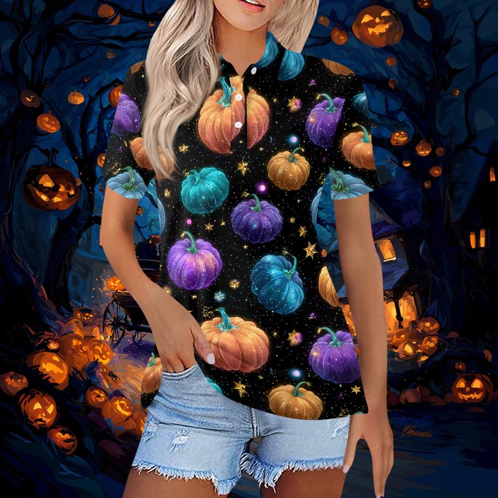 Women's Short Sleeve Button Down Collared Top with Halloween Print - Casual Fashion Blouse with Side Slits