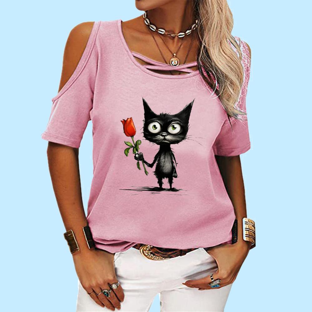 Women Fashion Off Shoulder T-shirt Ladies Casual Round Neck Print Top Summer Short Sleeve Tee Shirt