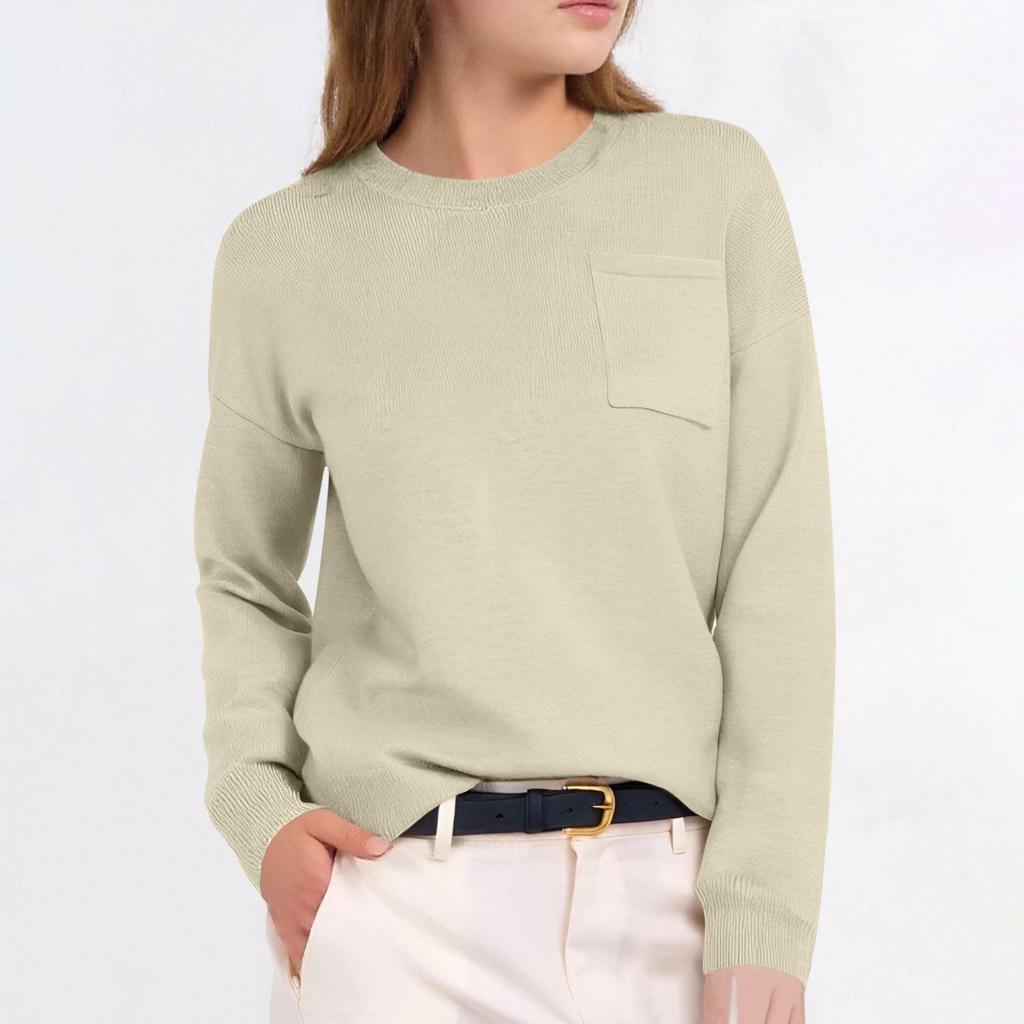 2025 Women's Solid Color Round Neck Long Sleeve Casual Pocket Pullover Sweater - Autumn/Winter European American Style