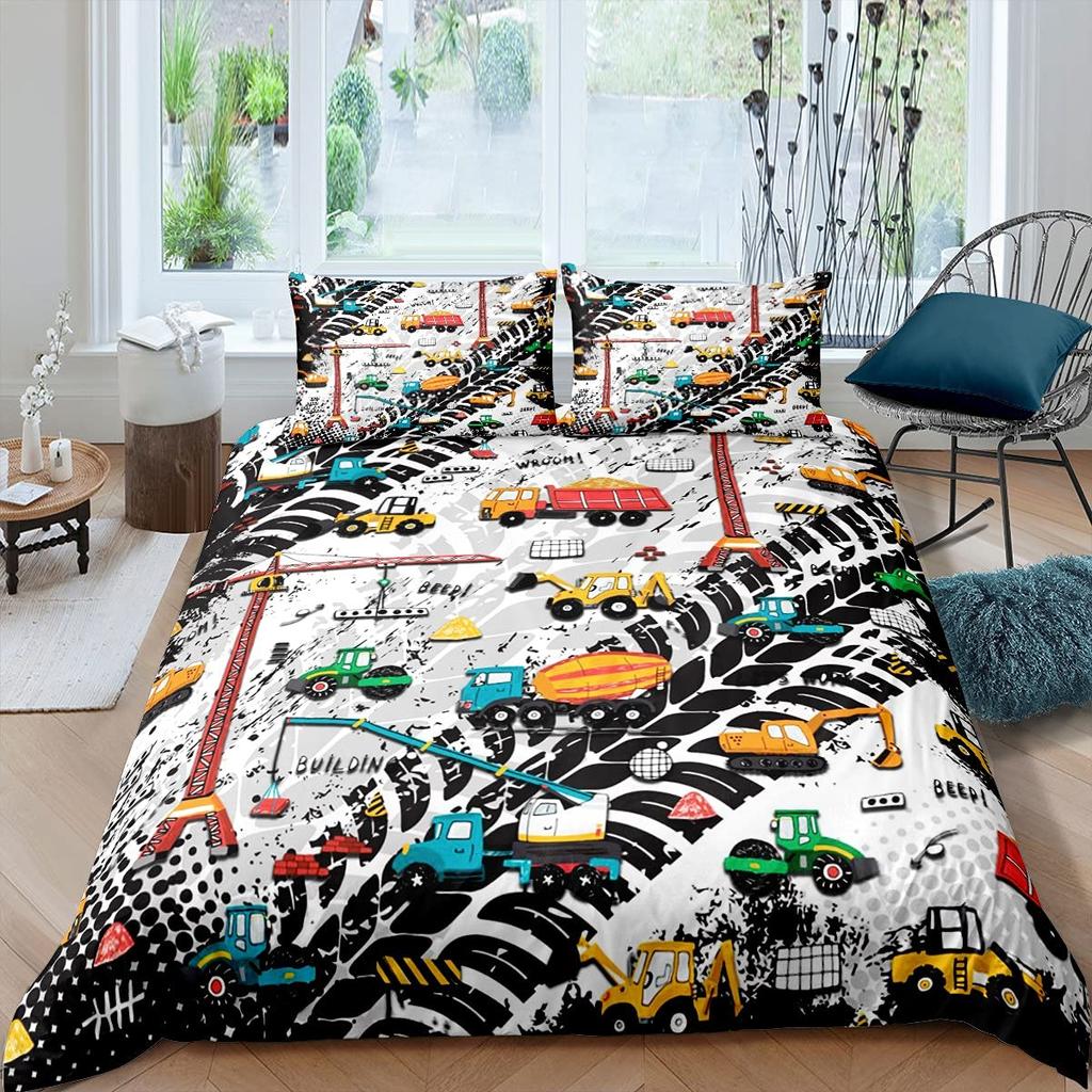 Excavator Duvet Cover Set Microfiber Tractor Truck Comforter Cover Twin Construction Vehicle Cartoon Bedding Set For Boys Teens