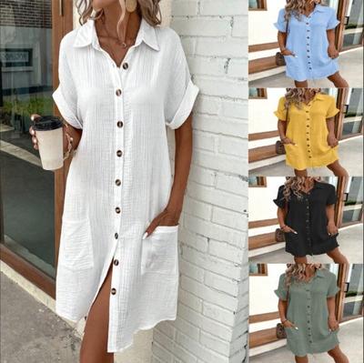 Mode Lässig Einfarbig Kurzarm Locker Lässiges Kleid für Damen Sommer Einreihig Einfarbiges Hemdkleid Damen Einfarbiges Revers Schlicht Elegante Kleider 26640