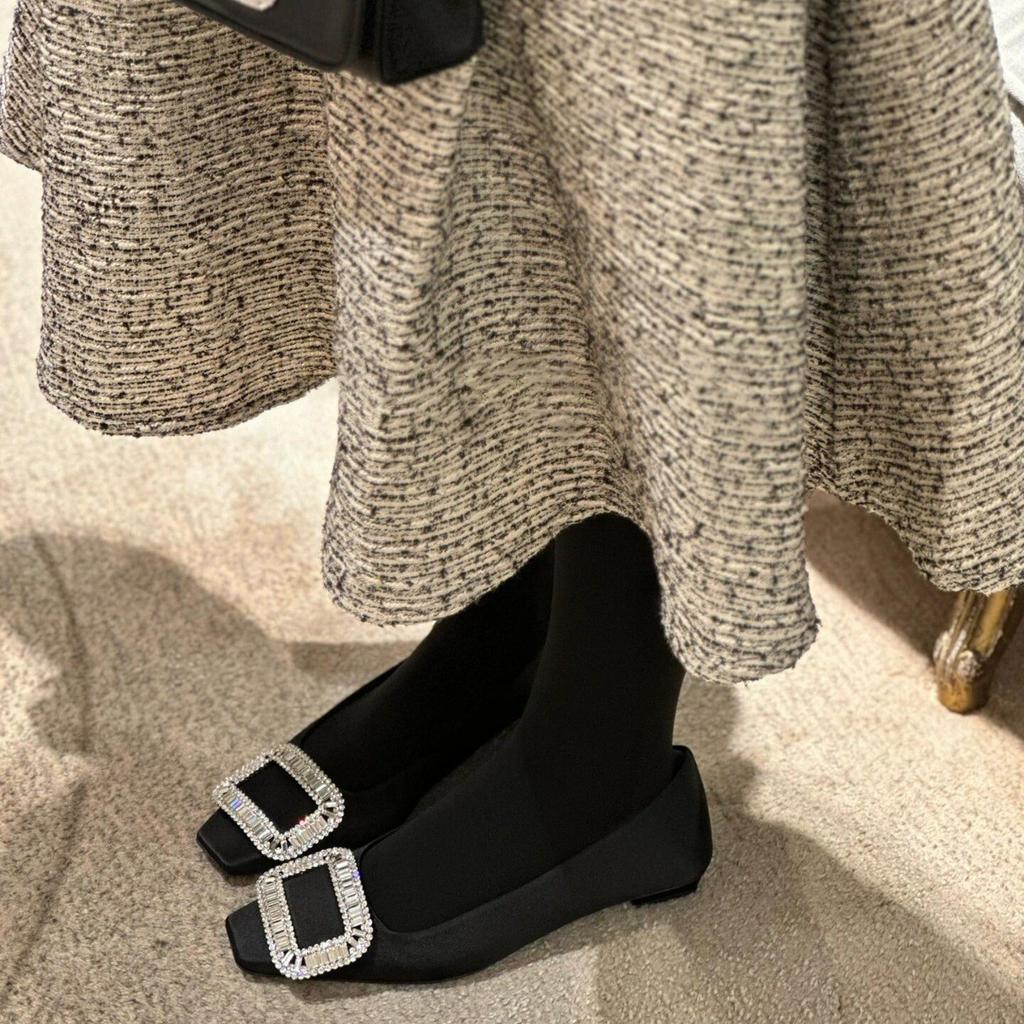 Sheepskin version~ Beautiful rhinestone square buckle leather small heels women's French square head Mary Jane single shoes ladyshoes evening shoes