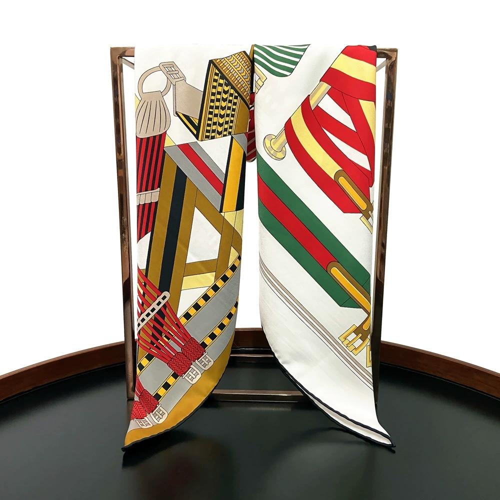 90cm Twill Silk Scarf For Ladies Manual Hand Rolled Square Belt Chain Scarves Luxury Women Echarpes Foulards Wrap Bandana Hijab
