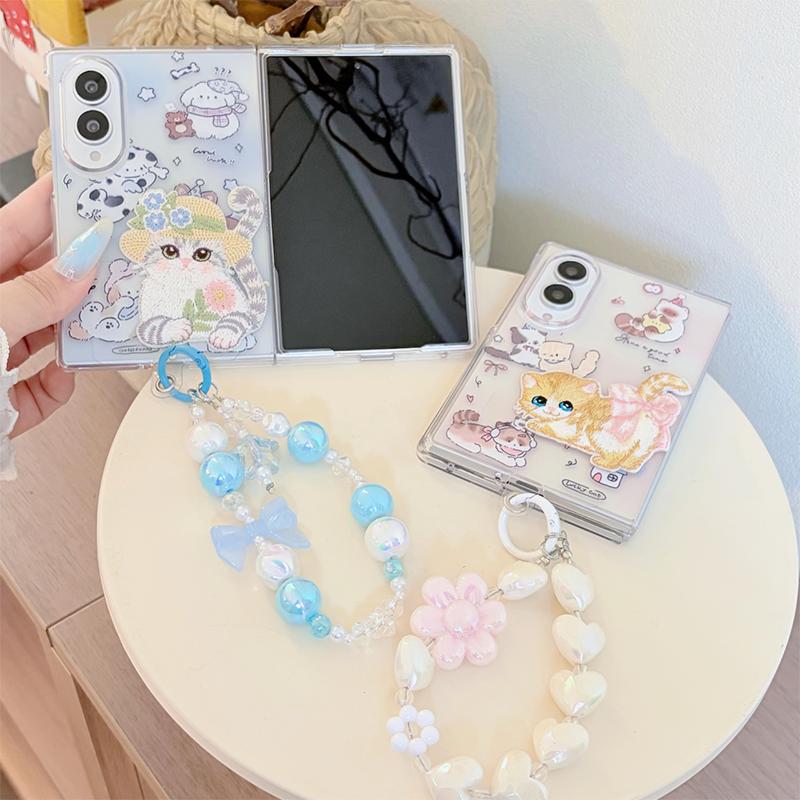 Kawaii Cartoon Cat Phone Case For Samsung Galaxy Z Fold 8 Ultra 7 6 5 Z Fold7 Fold6 Cover with Chain Hard Cute Cases Clear Funda