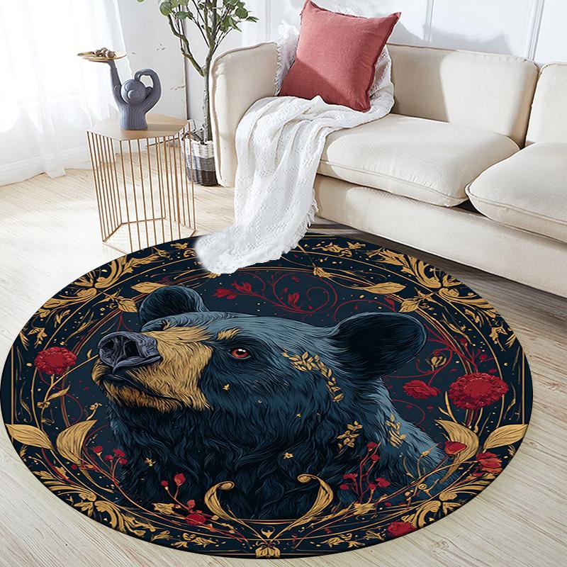 Black Bear Round Area Rug,Carpet Rug for Living Room Bedroom Sofa Playroom Decor,Non-slip Floor Mat