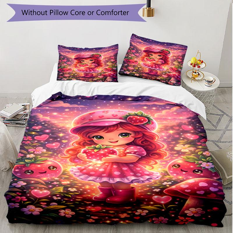 3pcs Duvet Cover Set (1*Duvet Cover + 2*Pillowcase, Without Core), Strawberry Shortcake Print Soft All‑Season Bedding Set, Home Bedroom Decor Gift