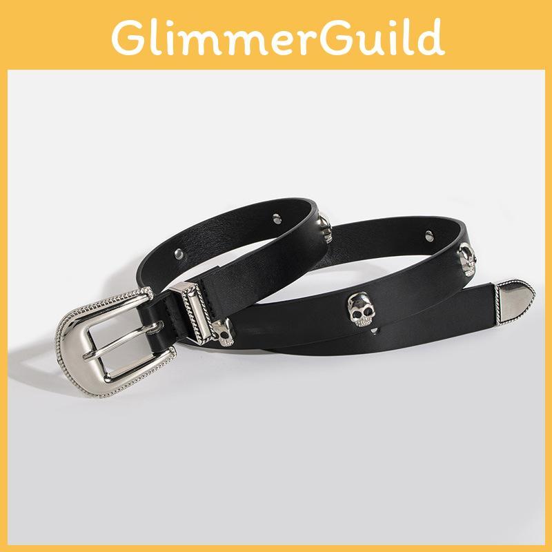 Y2k Womens Punk Leather Belt With Skull Decor And Metal Buckle For Casual Wear