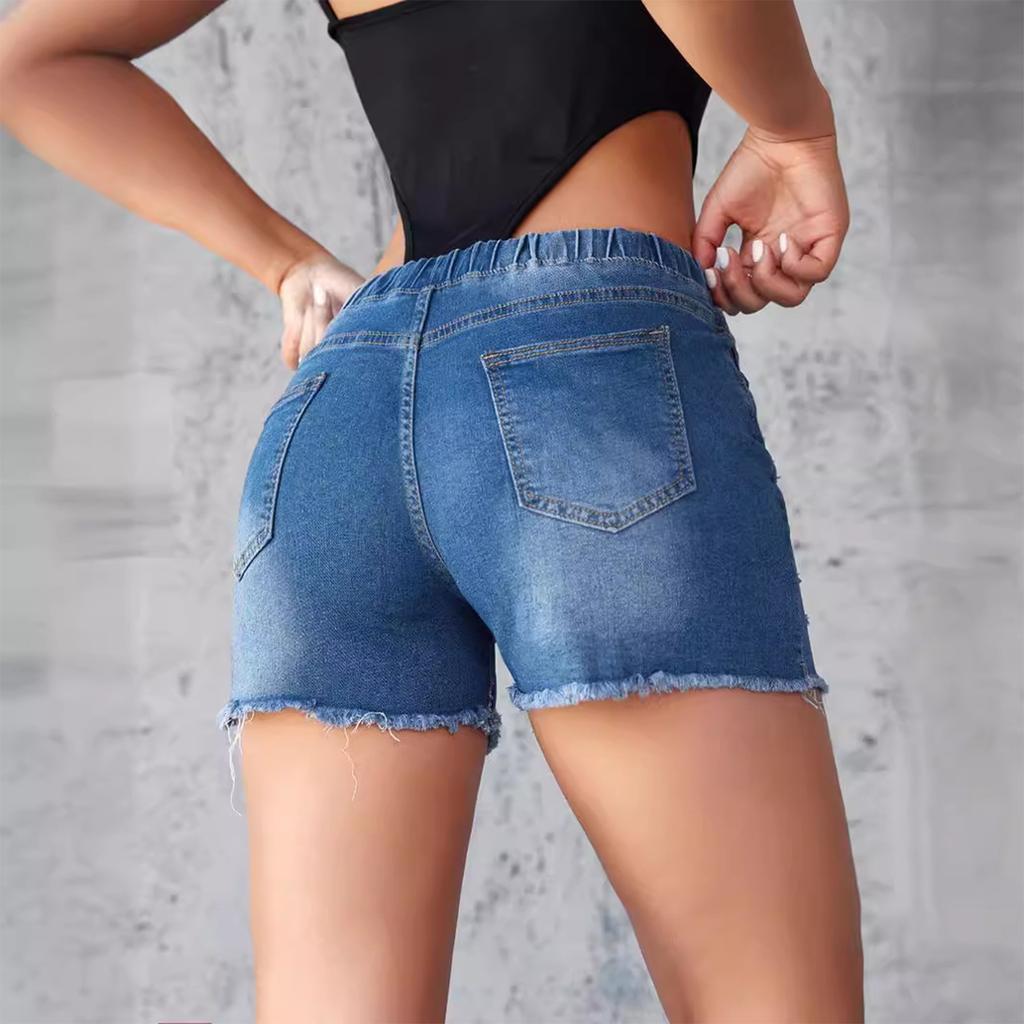 Ladies' Elastic Waistband,Tassel, Rough Edge, Non Elastic Denim Shorts