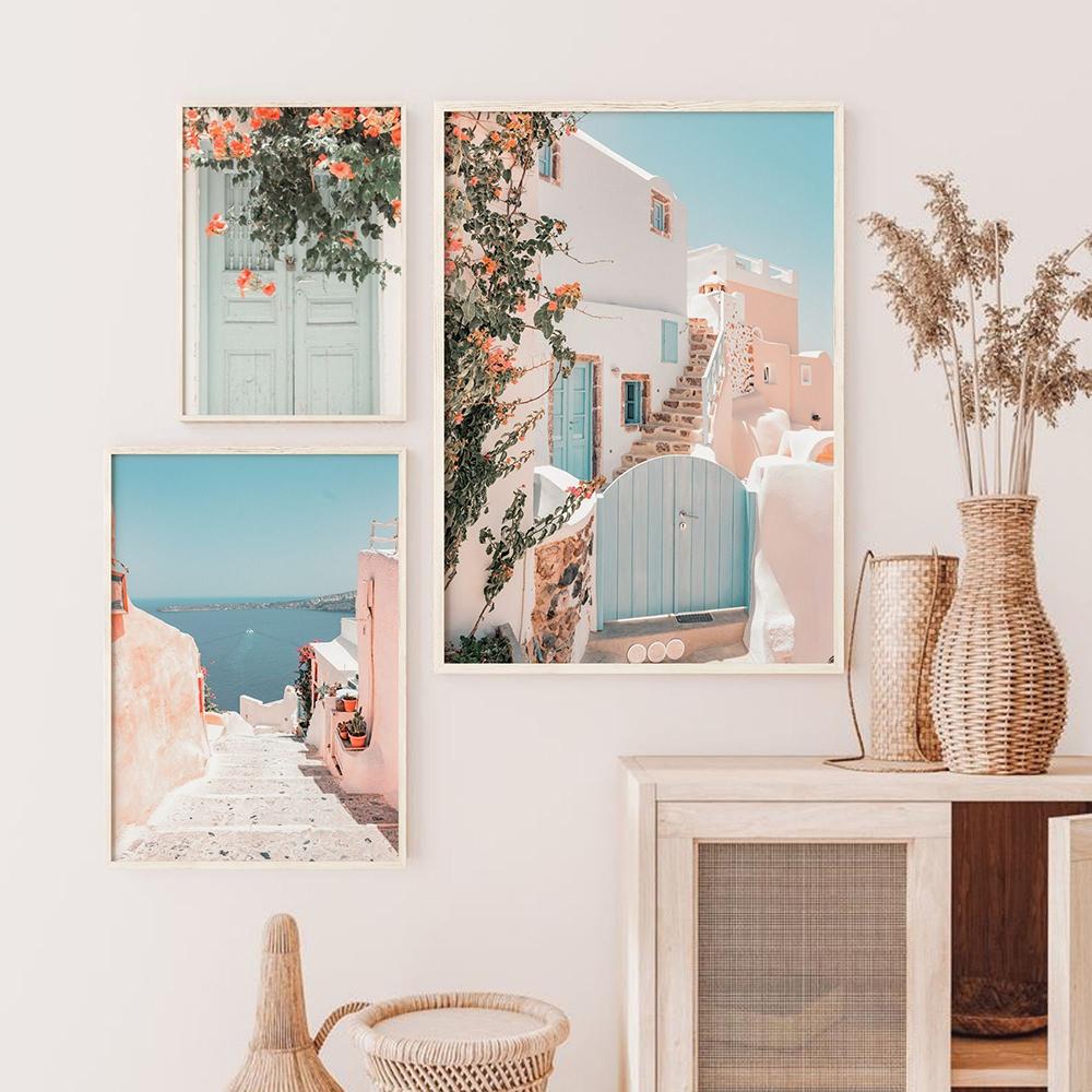 Greece Santorini Poster Print Boho Blush Mediterranean Flowers Canvas Painting Minimalist Modern Wall Art Living Room Home Decor