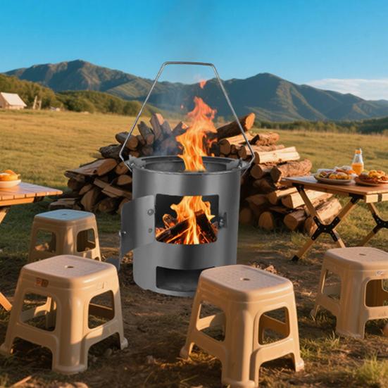 Wood Burning Stove Outdoor Camping Hiking Picnic BBQ Cooking Stove with Handle Portable Stainless
