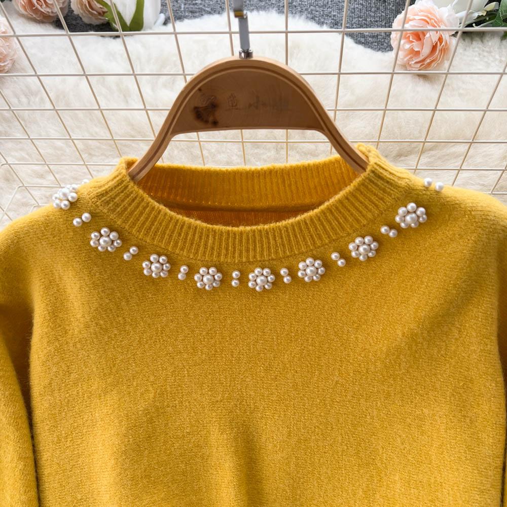 New Autumn Fashion Knitted 2 Piece Set Women Breading Long Sleeve Pearl Top+Knitted Camis Dress Female Sweater Suits 2026 Korea