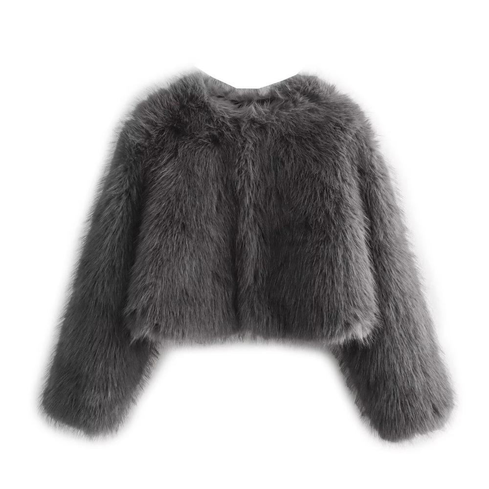 Faux Fur Jacket Fashion Women's Faux Fur Effect Round Neck Long Sleeve Short Jacket
