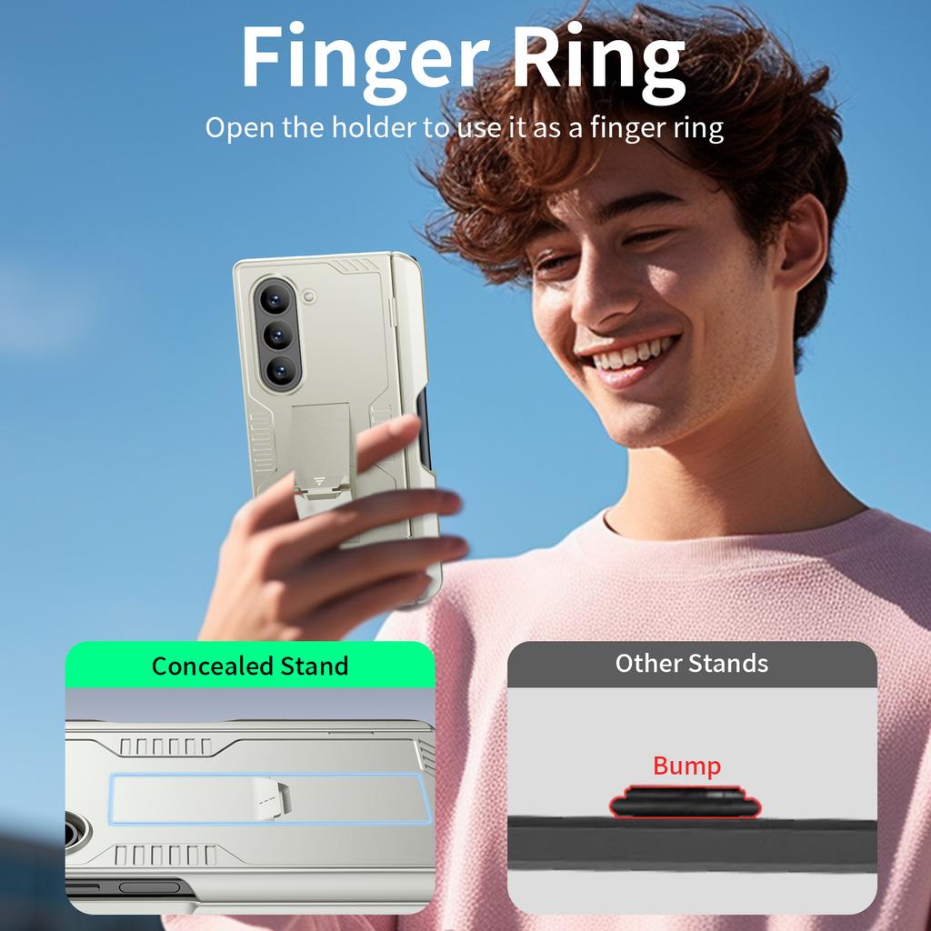 for Samsung Galaxy Z Fold 6 Phone Case With S Pen Holder, Hidden Stand, Screen Protector, Sturdy Shockproof Protective Case-Champagne