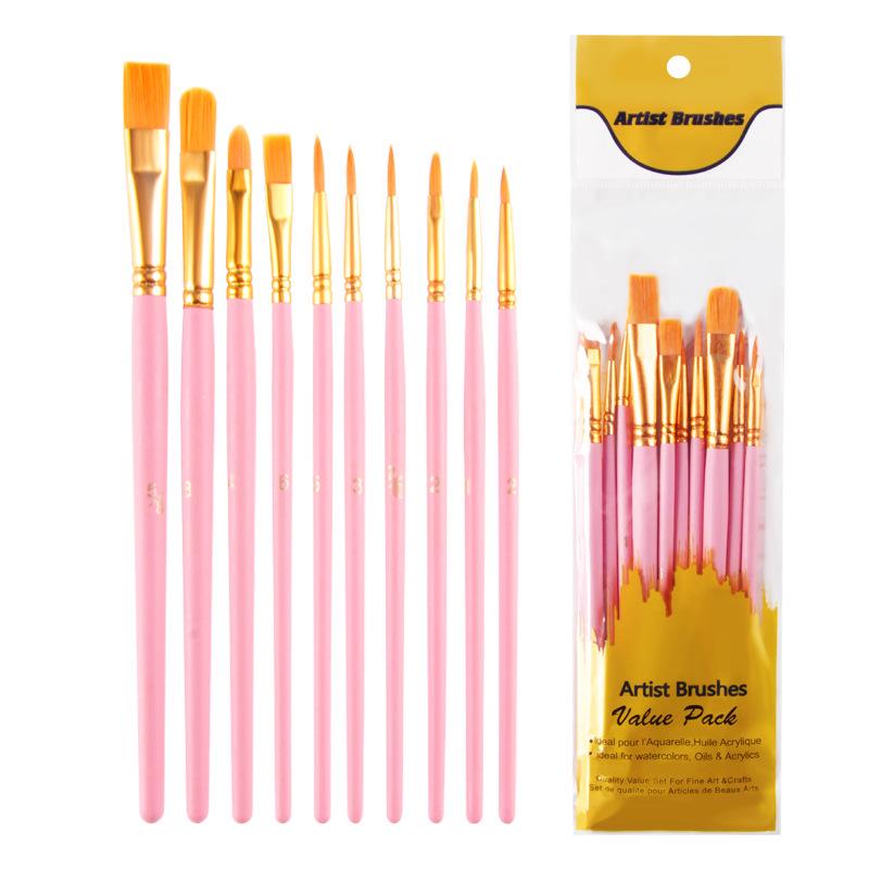 10-Piece Nylon Bristle Brush Set for Oil, Watercolor & Gouache Painting розовый