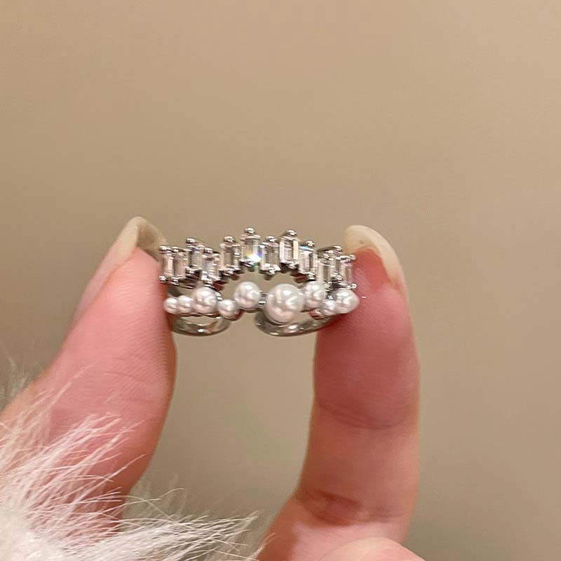 Fashion Zinc Alloy Color Pearl Chain Cuff Ring For Women Couples Simple Metal Double-Layer Adjustable Ring Bride Zircon Gifts