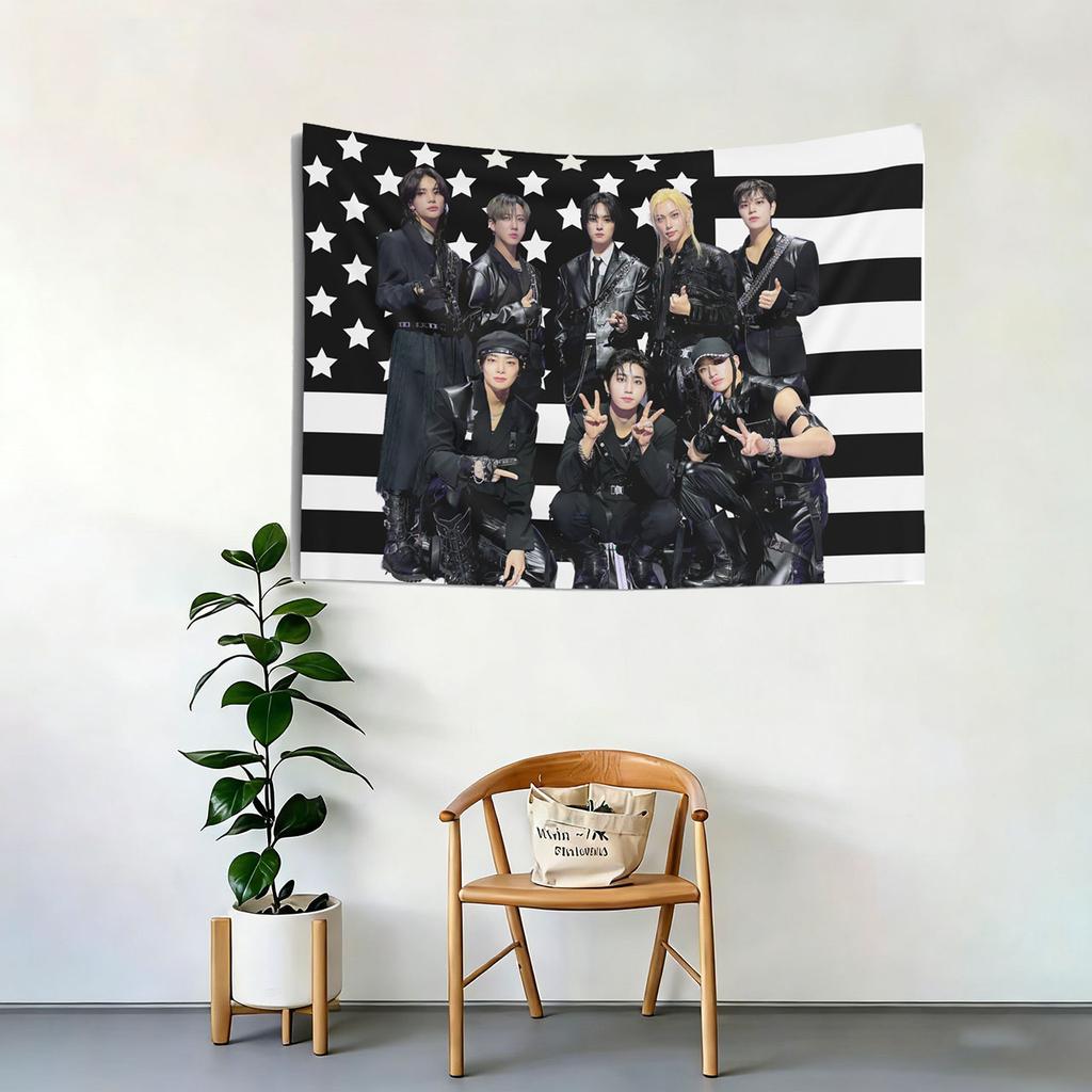 SKZ DominAte 2025 Tour Black American Flag Tapestry SKZ Ate Concert Banner Kpop Wall Decor Flat Print