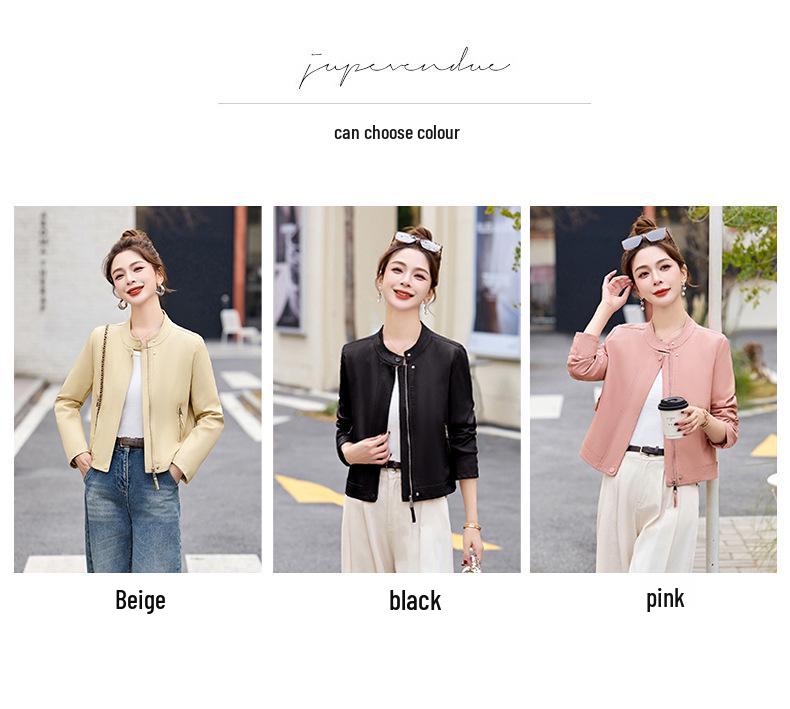 2025 Spring Women's Stand Collar PU Leather Short Jacket - Petite Casual Style Z88096