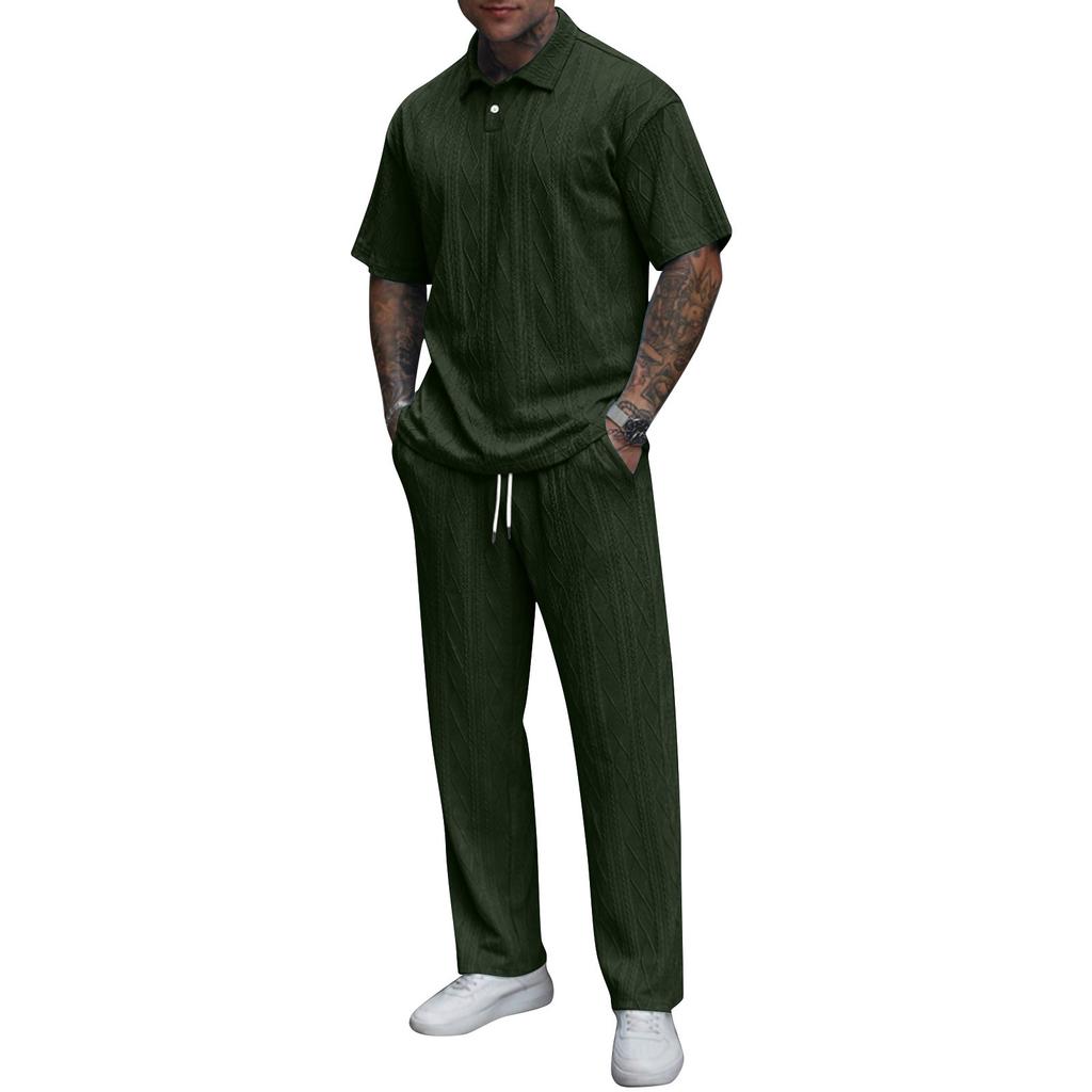 Men's Solid Color Textured Short Sleeved Trousers Suit Men's Casual Suit
