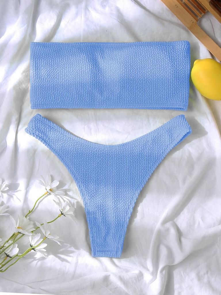 Solid Color Crinkle Bandeau High Waist Bikini Set